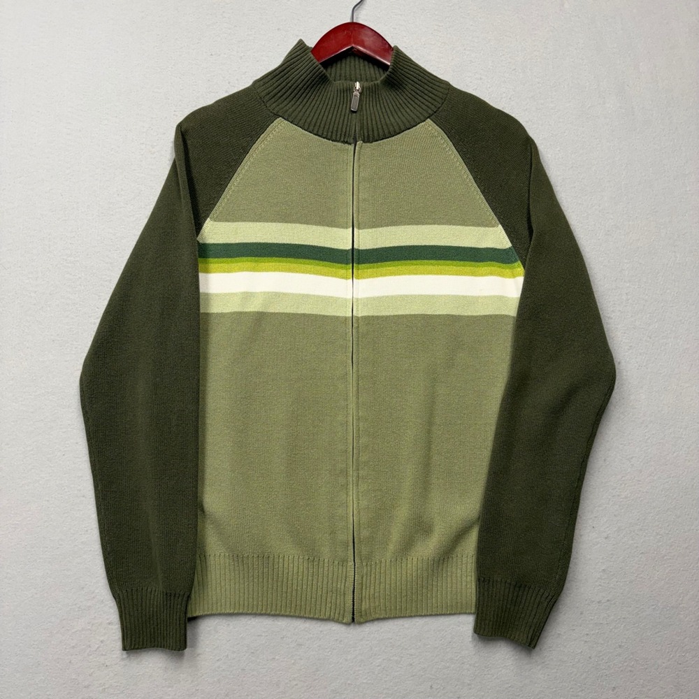 Mossimo Sweater Mens Medium Green Y2K Striped Full Zip Mock Neck Cardigan Knit